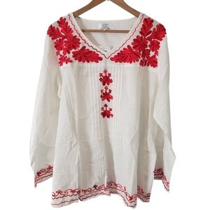 Chic Connection Embroidered Tunic Top White/Red Long Sleeve Size 2XL 100% Cotton